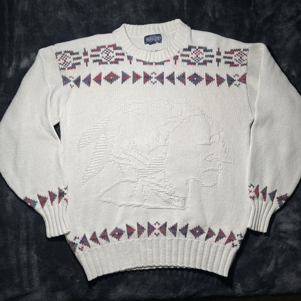 Vintage Lands End Sweater Mens Size M Indian Buffalo Southwest Native Knit USA